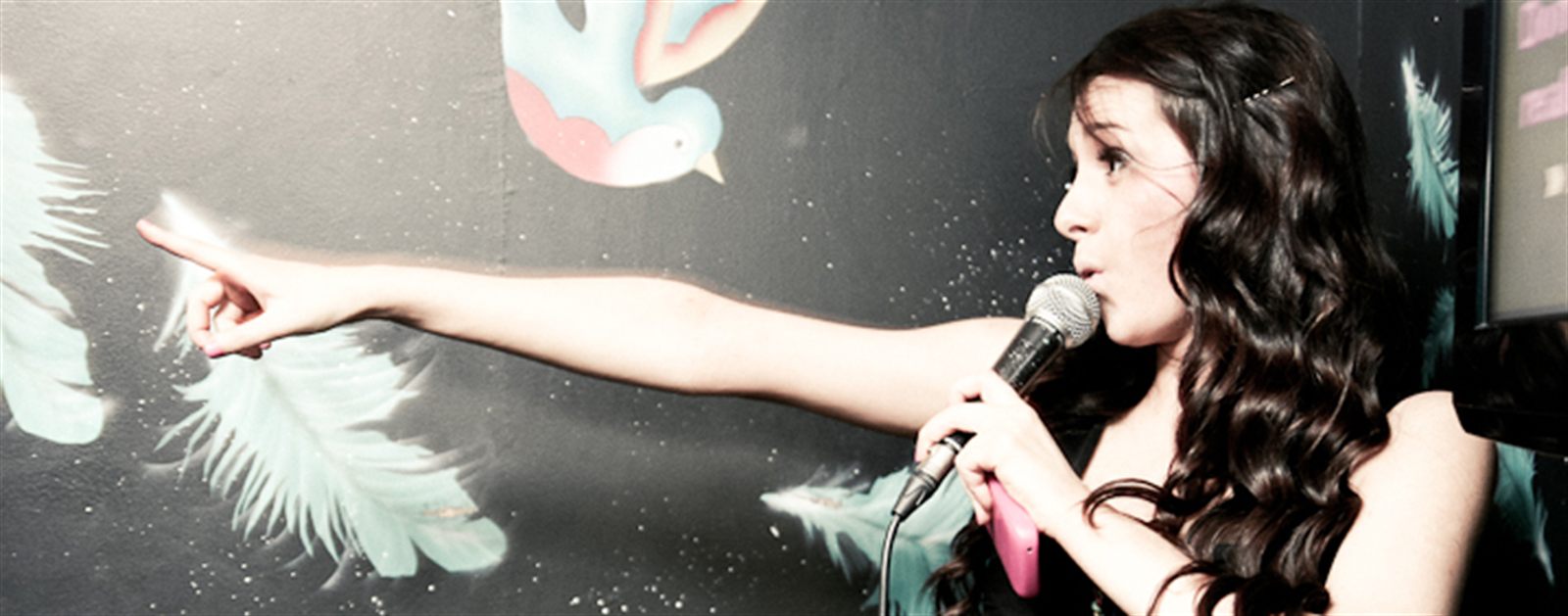 A guest singing in one of the private karaoke rooms